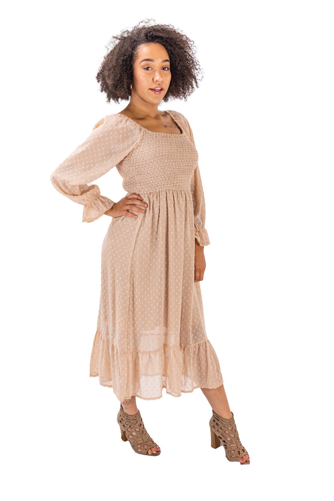 Boho Elegance: Brown Square Neckline Midi Dress with Dotted Detailing