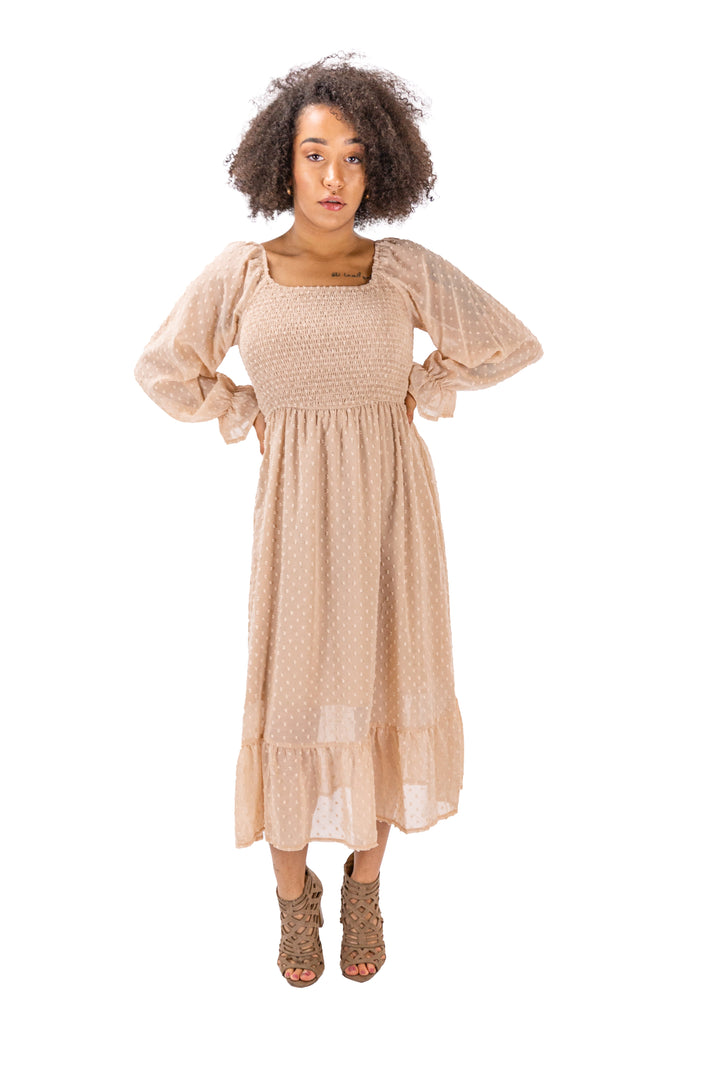 Boho Elegance: Brown Square Neckline Midi Dress with Dotted Detailing