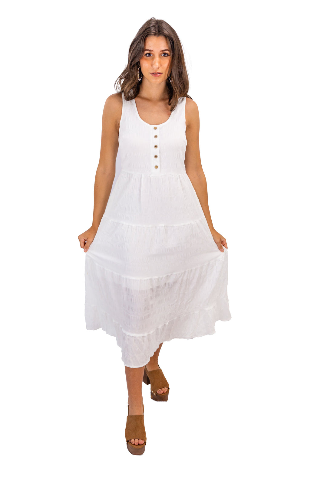 A-line Midi White Dress With Pockets & Ruffles