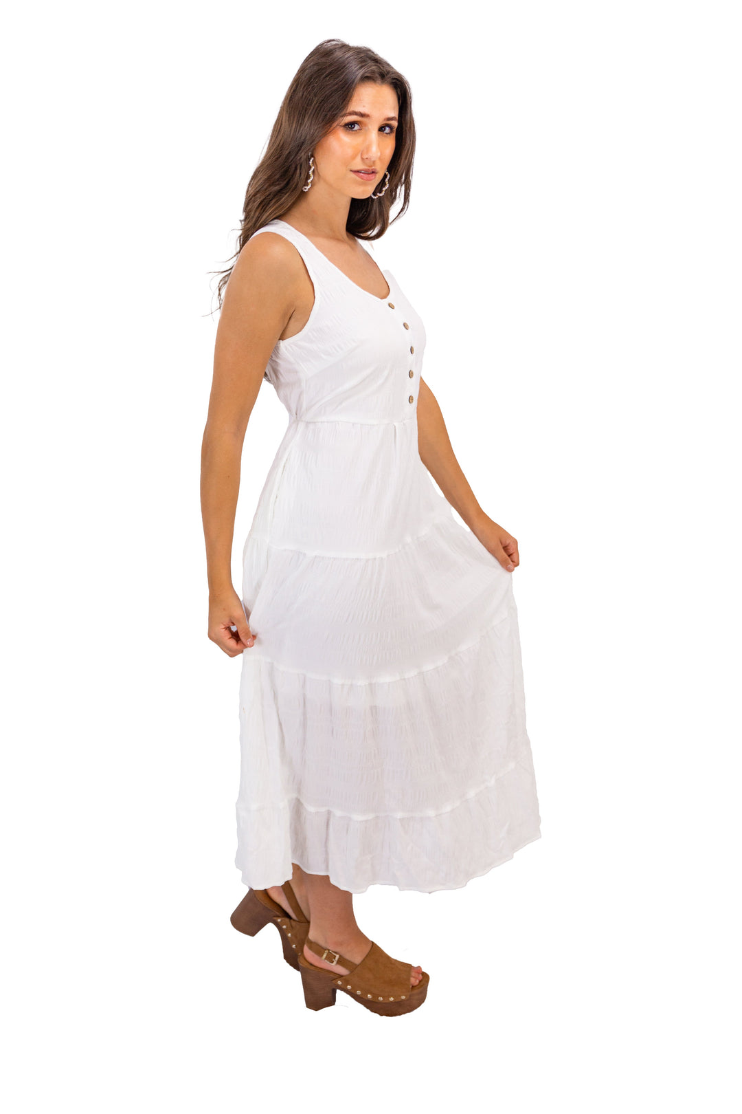 A-line Midi White Dress With Pockets & Ruffles