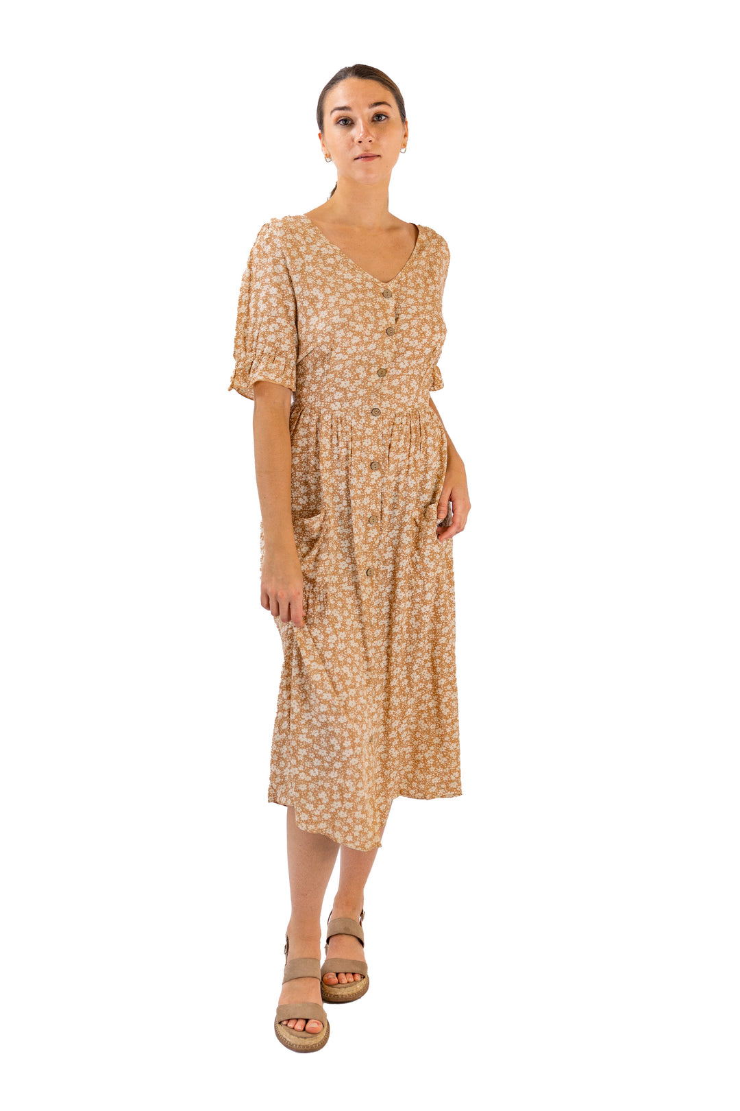 Fabonics Beige Floral Midi Dress with Side Slit and Pocket in Elegant Design