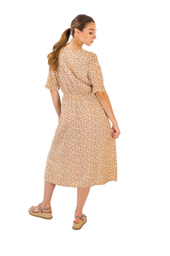 Beige Floral Midi Dress with Side Slit & Pocket