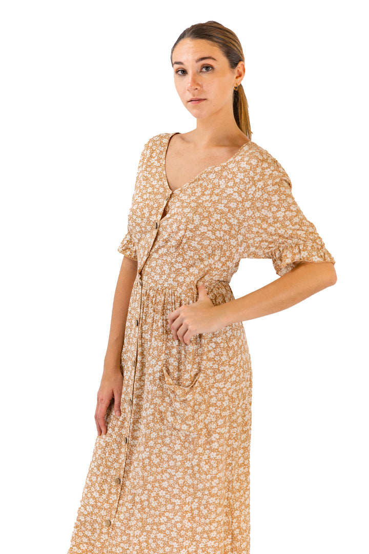 Beige Floral Midi Dress with Side Slit & Pocket