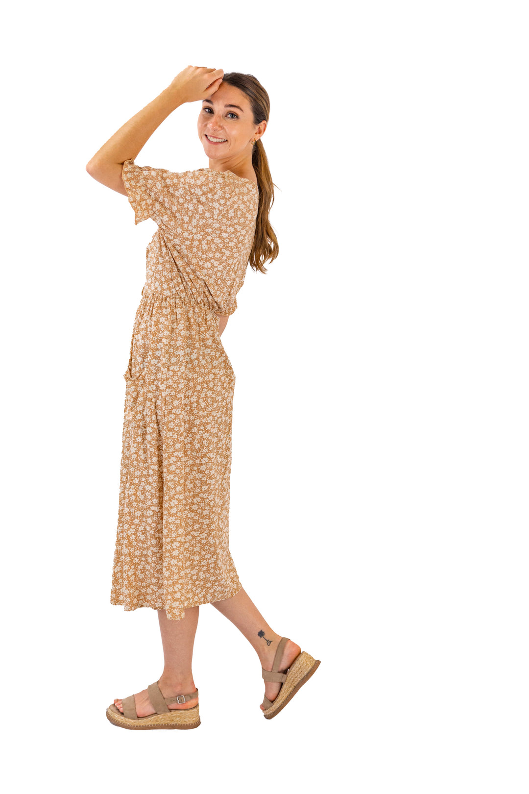 Beige Floral Midi Dress with Side Slit & Pocket