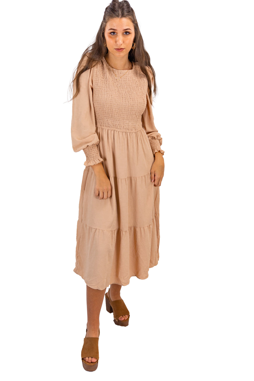 Fabonics Brown Serenity Round Neck Midi Dress with Full Sleeves and Layered Skirt