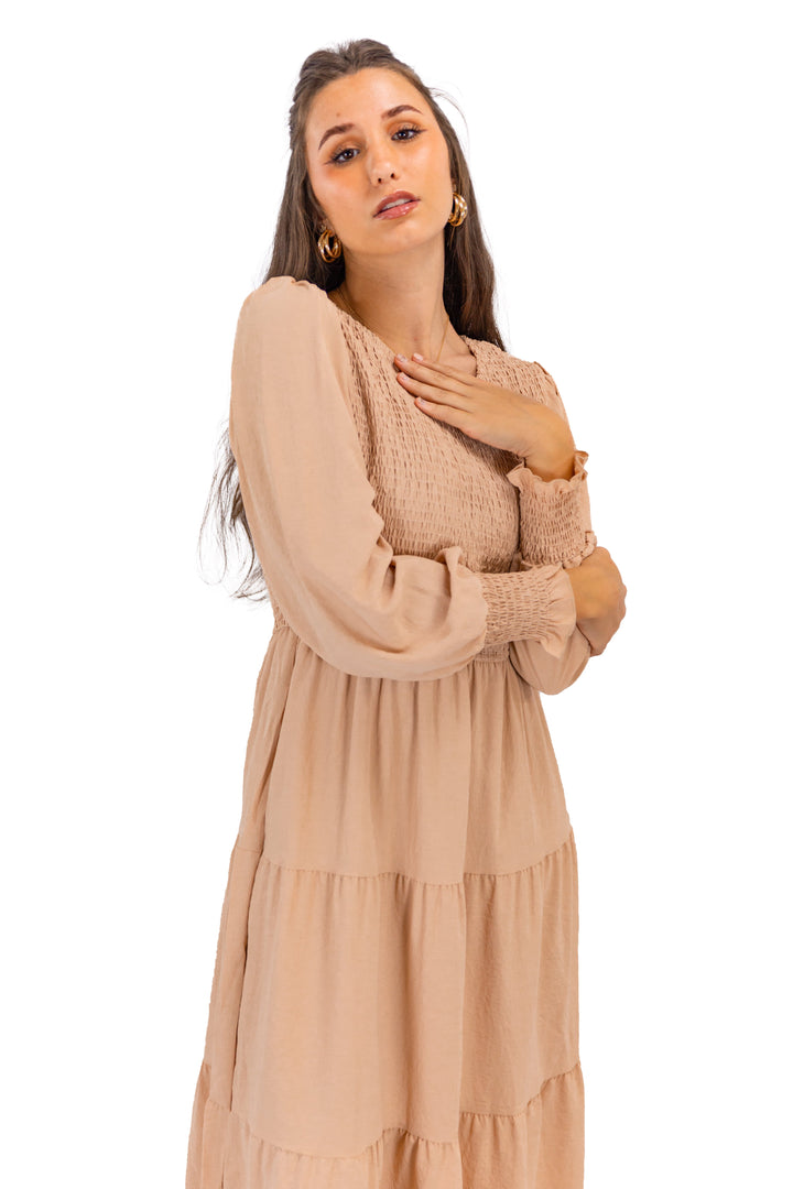 Classic Full Sleeves Brown Midi Dress with Round Neck