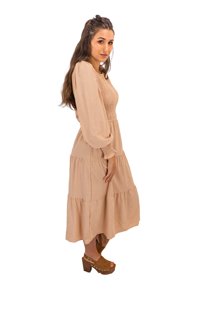 Classic Full Sleeves Brown Midi Dress with Round Neck