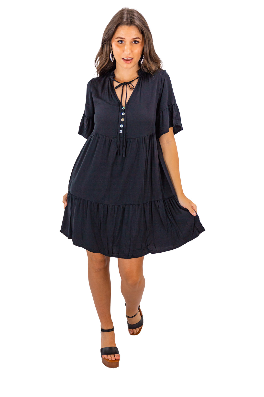 Noir Charm Black Flowy V-neck Mini Dress for Women's 
