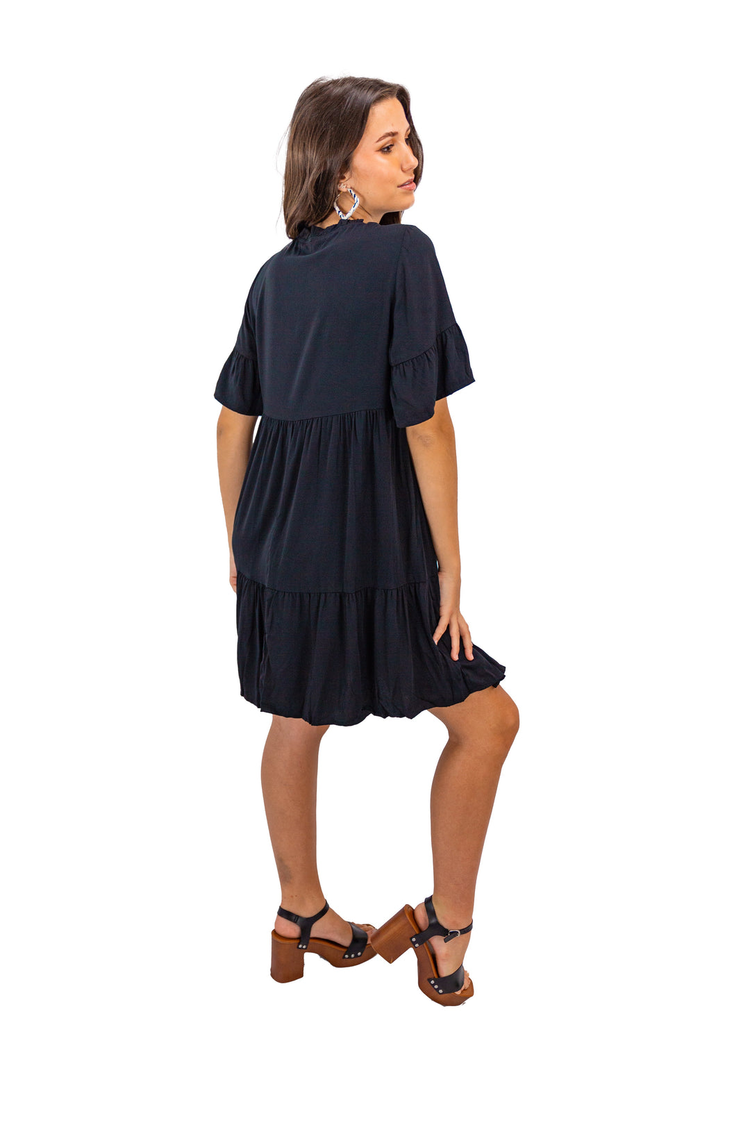 Black Flowy V-neck Mini Dress for Women's