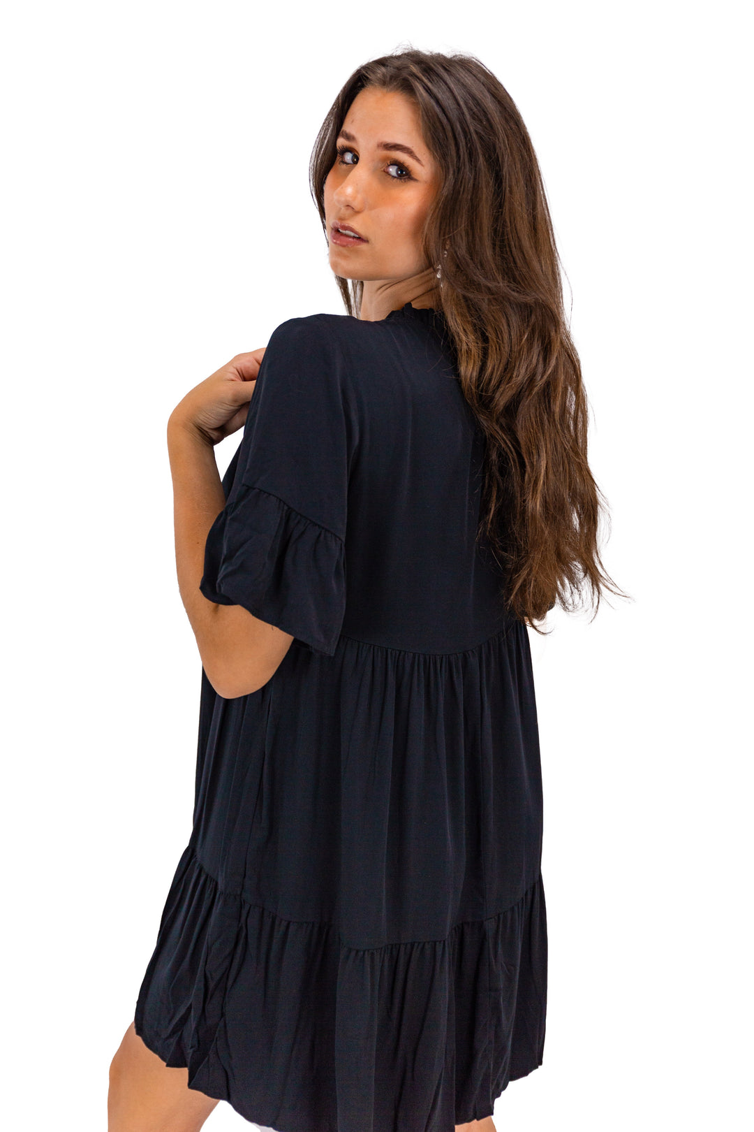 Black Flowy V-neck Mini Dress for Women's