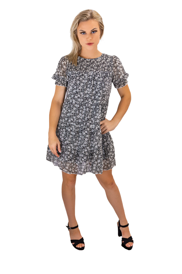 Black Controlled-waist Printed Chiffon Dress