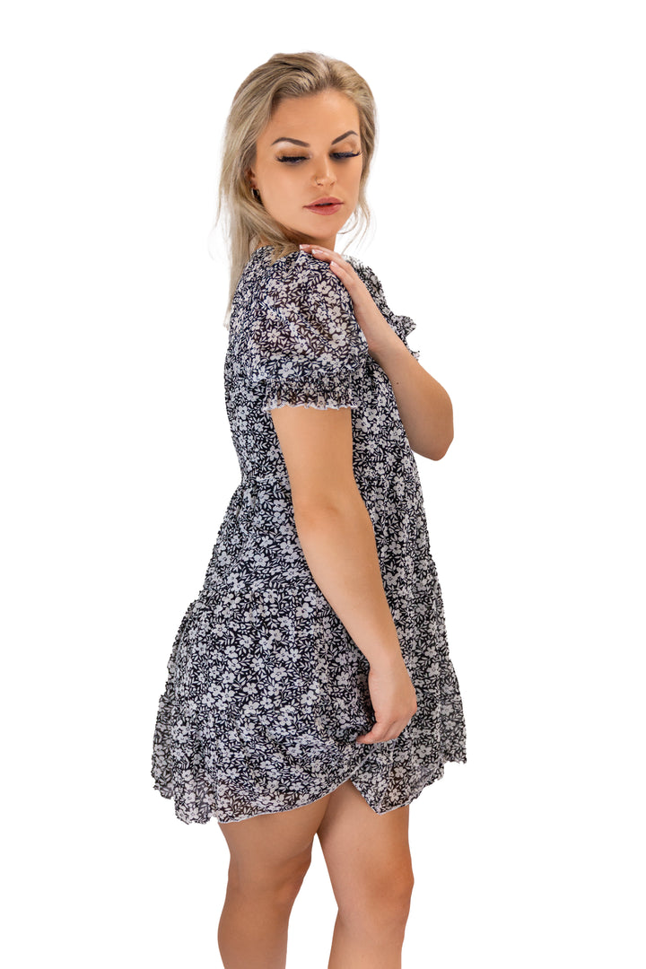 Black Controlled-waist Printed Chiffon Dress
