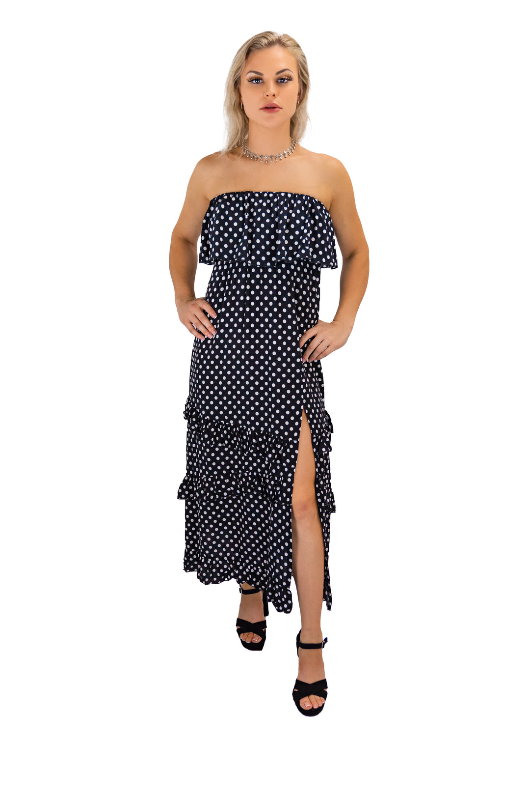 Black Strapless Polka Dot Maxi Dress with Side Slit - Fabonics
