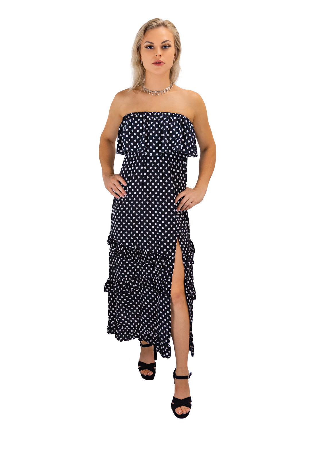 Black Strapless Polka Dot Maxi With Side Slit