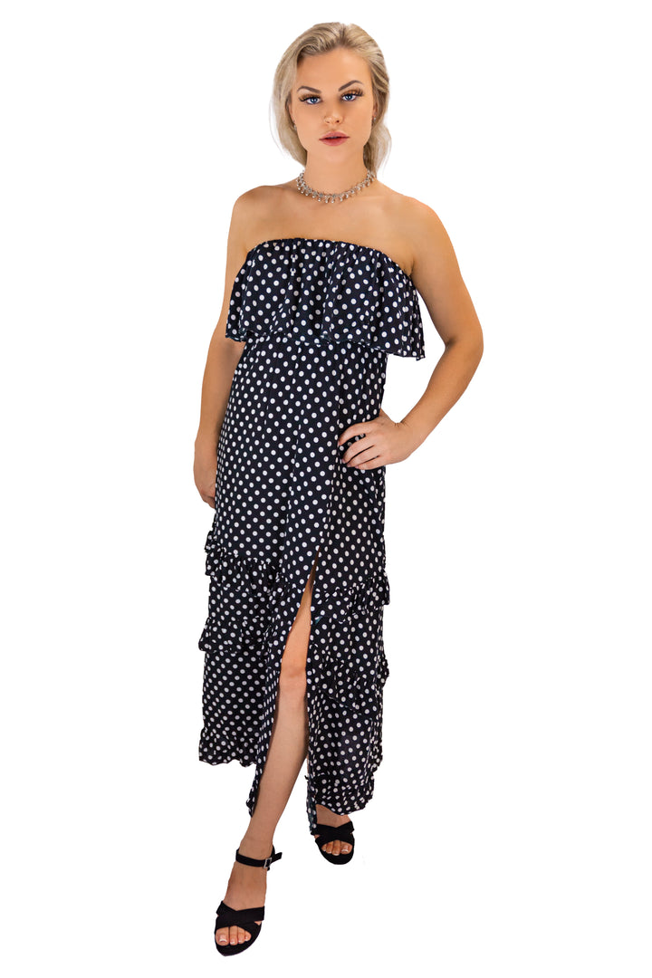 Black Strapless Polka Dot Maxi With Side Slit