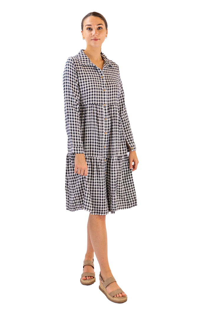 Monochrome Gingham Black Button-up Midi Dress