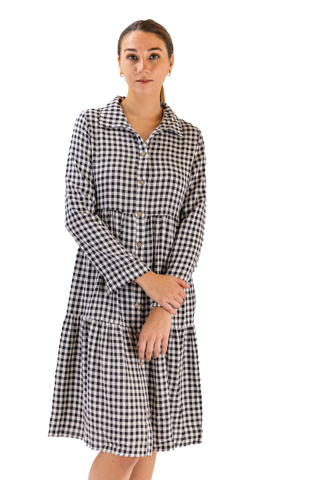 Fabonics Classic Monochrome Gingham Button-Up Midi Dress in Black and White