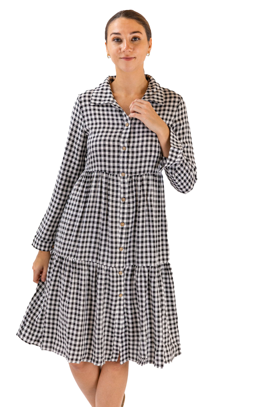 Monochrome Gingham Black Button-up Midi Dress