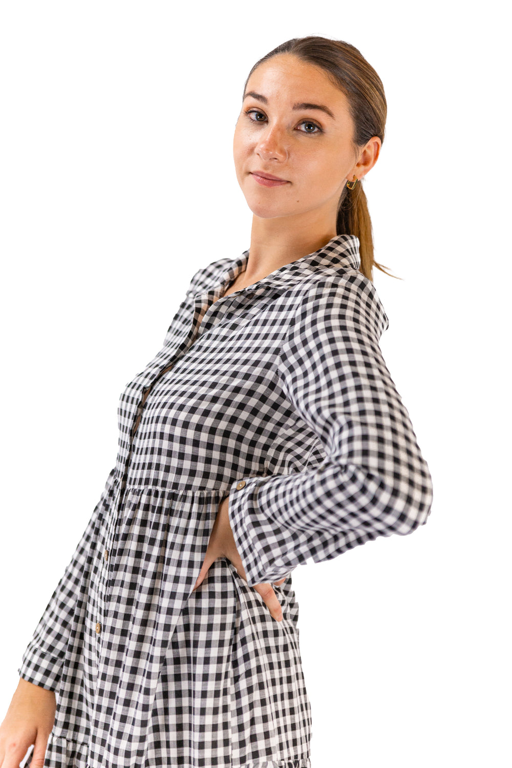 Monochrome Gingham Black Button-up Midi Dress