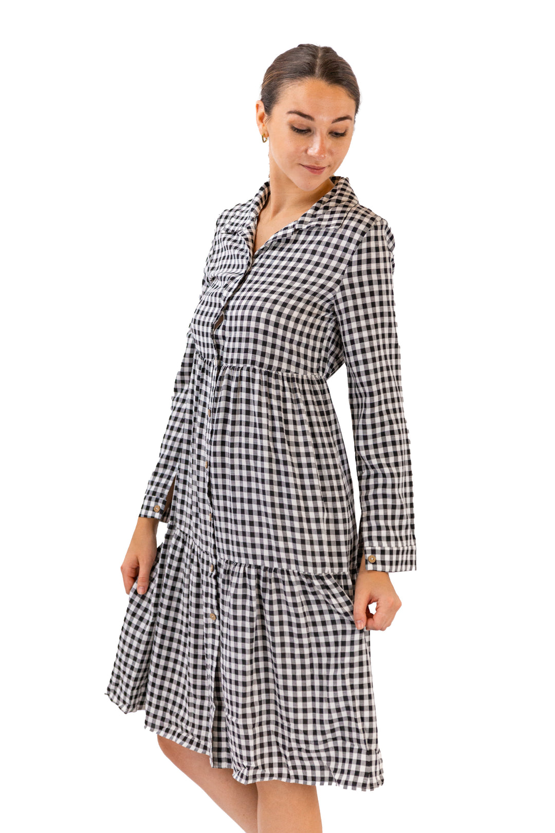 Monochrome Gingham Black Button-up Midi Dress