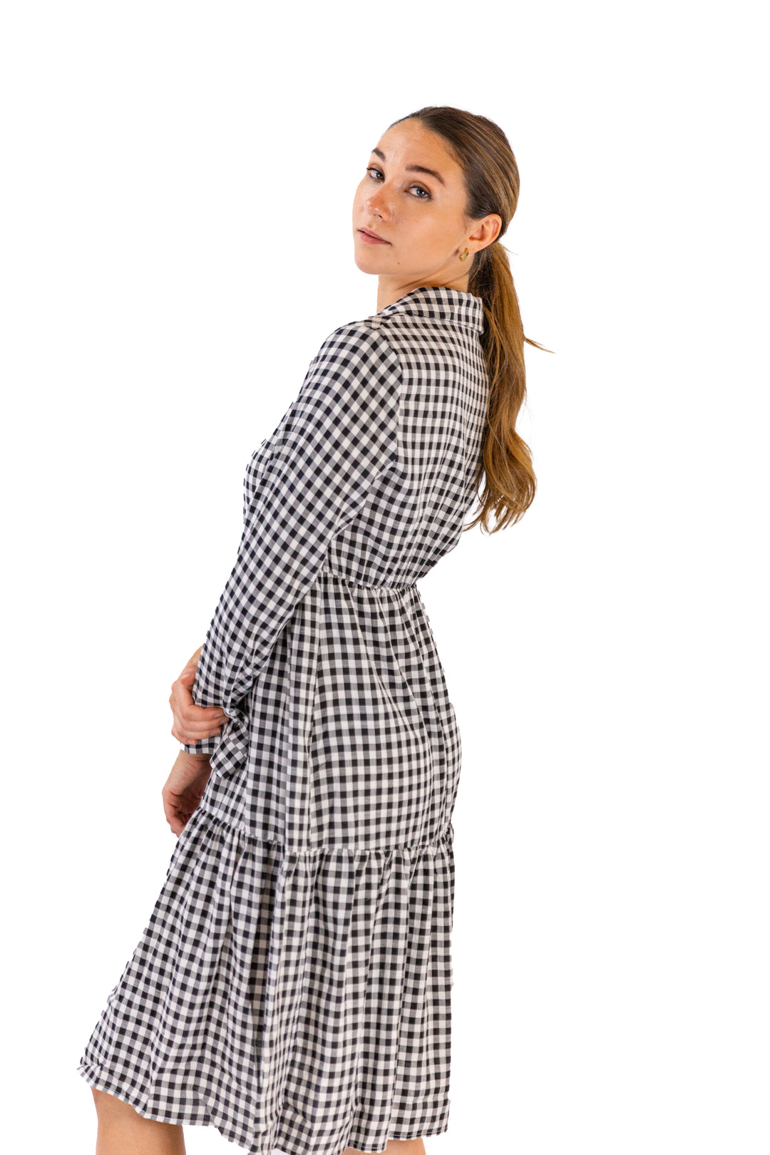 Monochrome Gingham Black Button-up Midi Dress