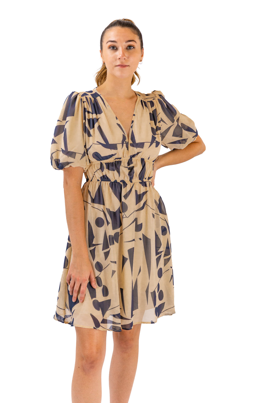 Stand Out in Style with the Chic Abstract Beige Midi Dress