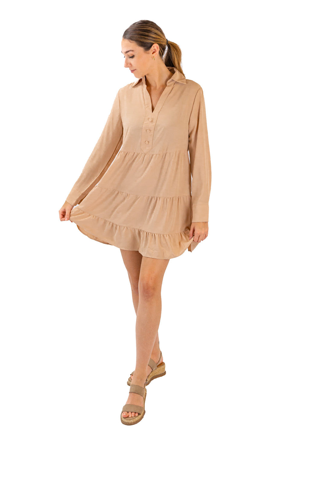 Elegant Beige Day Dress by Fabonics with Ruffles, Long Sleeves, and Stylish Collar