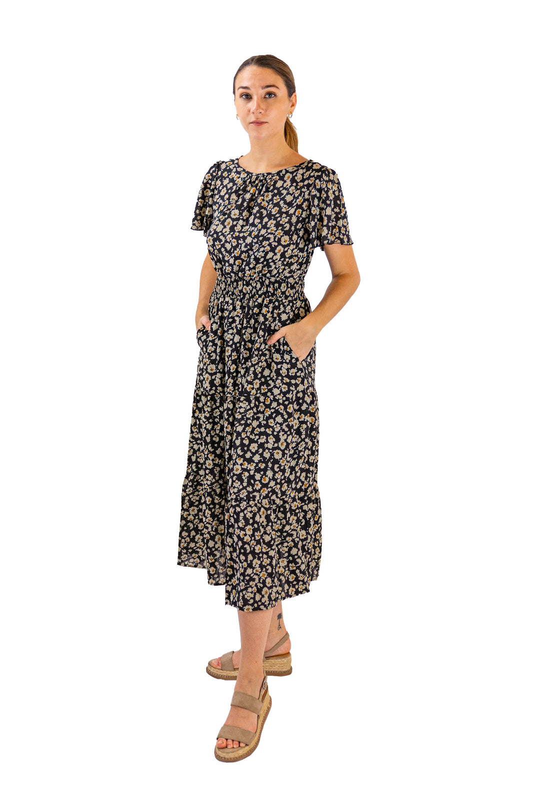 Fabonics Chic Black Floral Midi Dress with Monochrome Design and Ruffled Sleeves