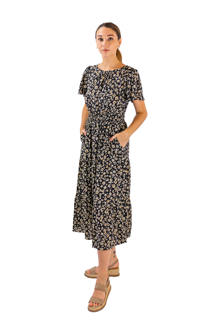 Chic Monochrome Black Floral Midi Dress