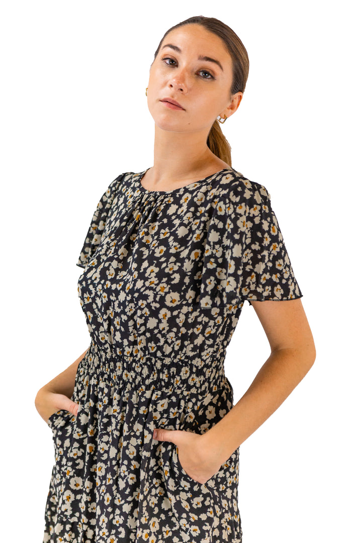 Chic Monochrome Black Floral Midi Dress