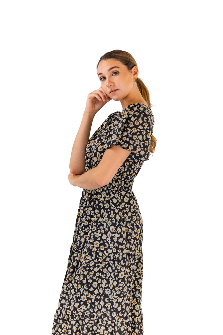 Chic Monochrome Black Floral Midi Dress