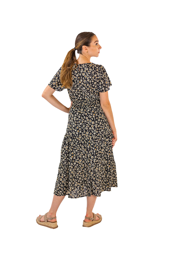 Chic Monochrome Black Floral Midi Dress