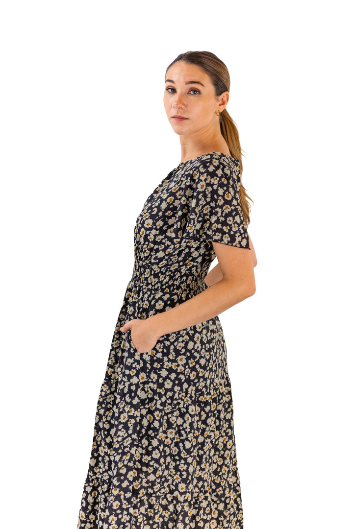 Chic Monochrome Black Floral Midi Dress