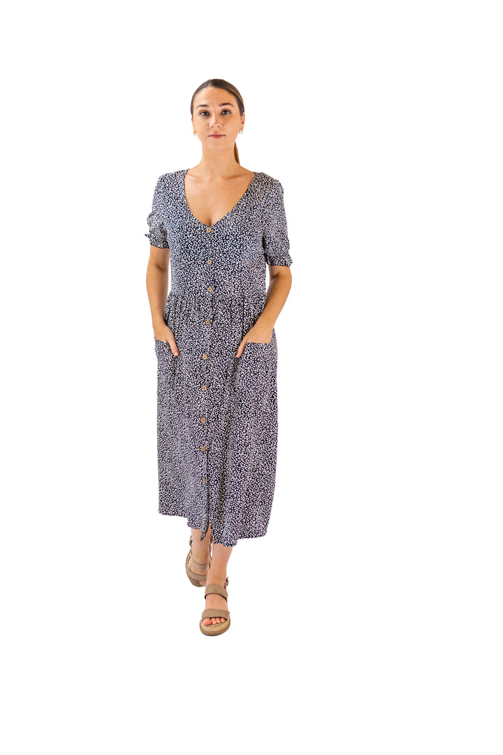 V-Neck Noir Dotted Midi Black Dress for Women