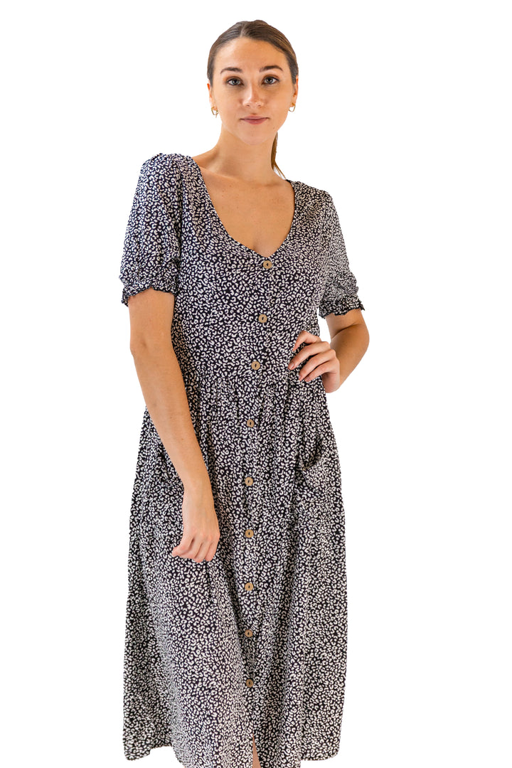 V-Neck Noir Dotted Midi Black Dress for Women