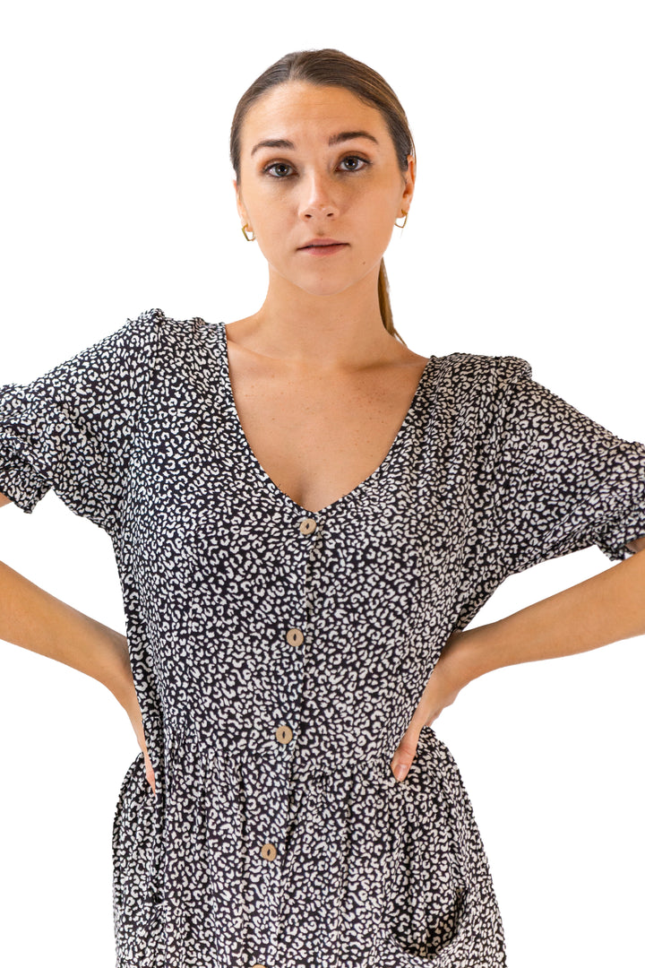 V-Neck Noir Dotted Midi Black Dress for Women