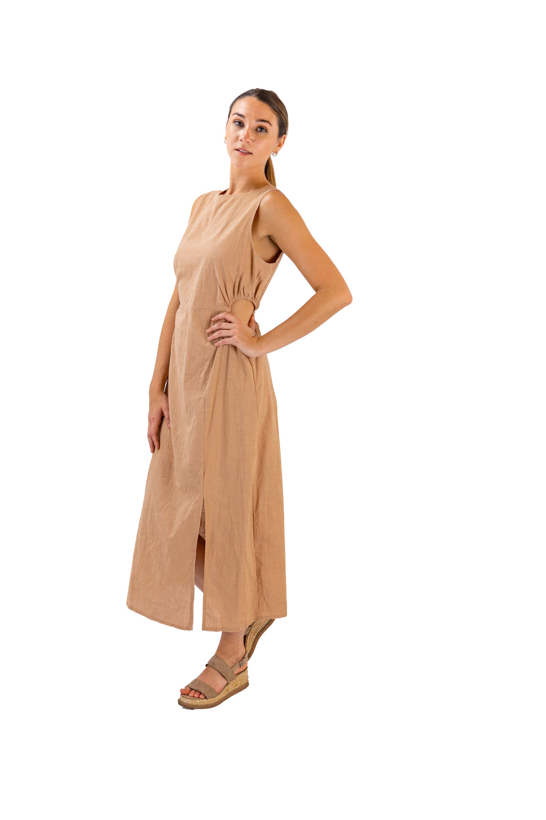 Fabonics Chic Earthy Brown Sleeveless Midi Dress - Elegant and Versatile for Any Occasion