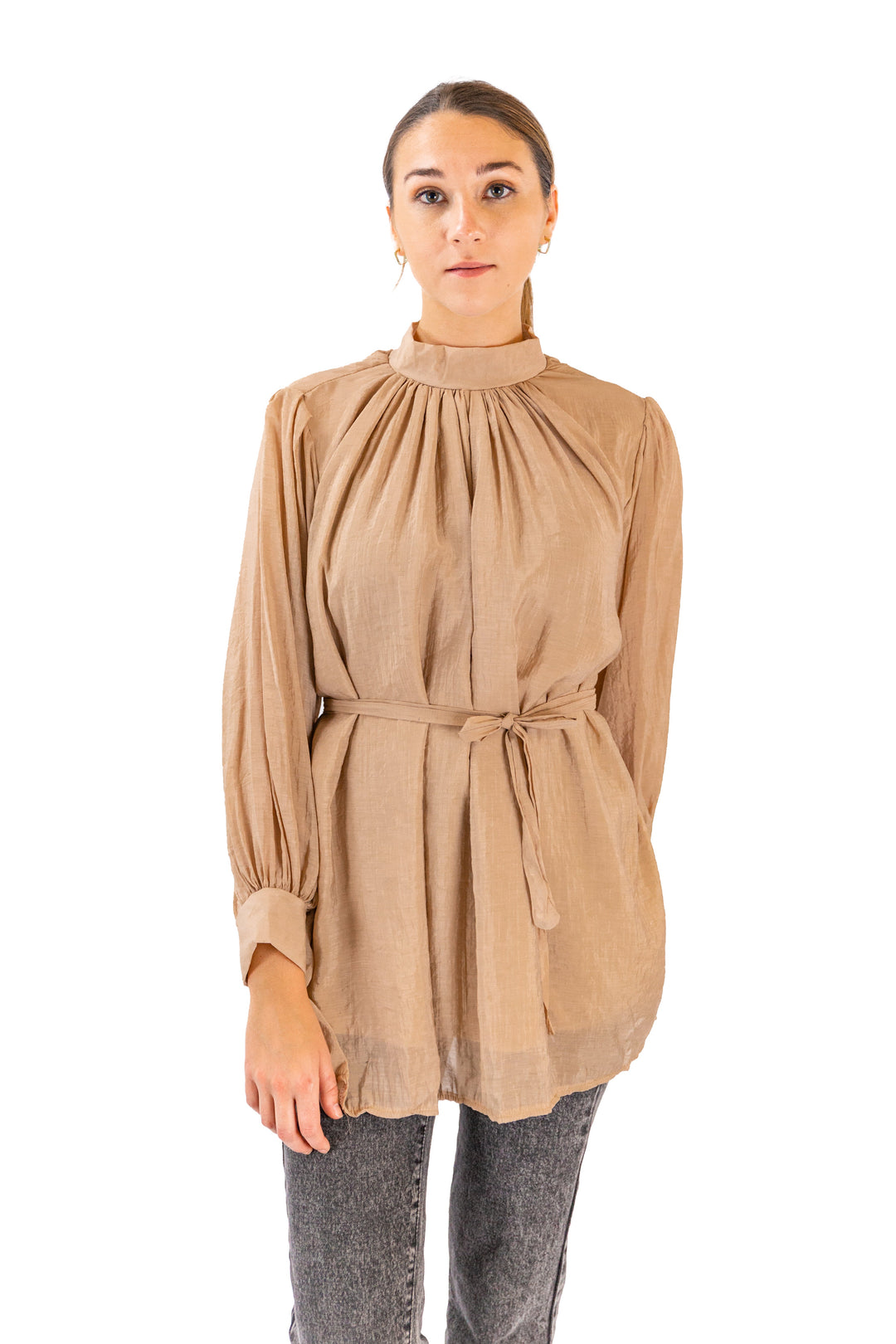 Fabonics Elegant Mocha Tie-Waist Blouse with Stylish Gathered Neck in Rich Brown