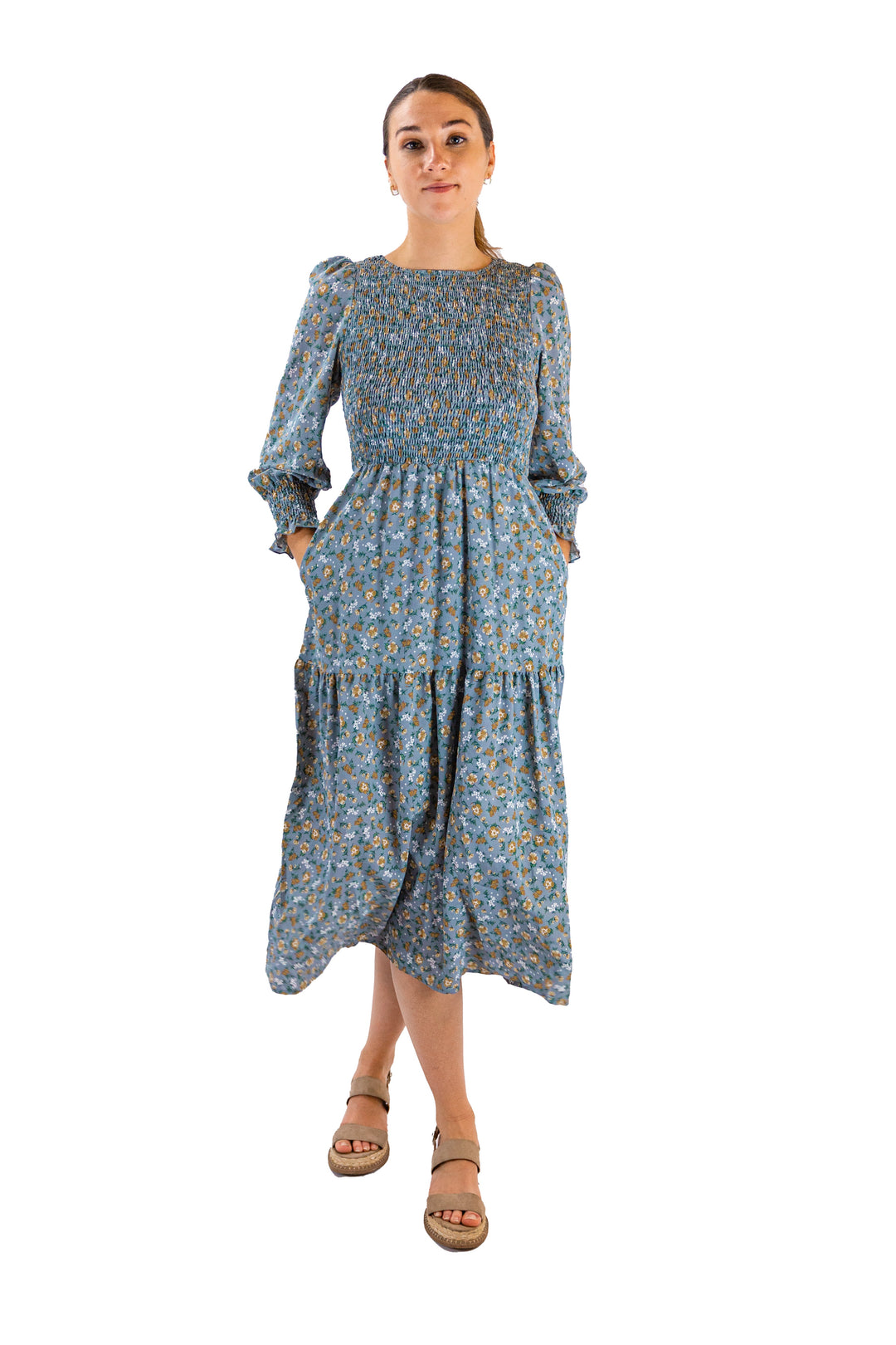Fabonics Enchanted Garden Blue Floral Midi Dress with Three-Quarter Sleeves