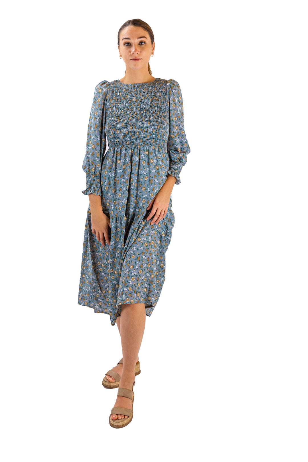 Enchanted Garden Blue Floral Midi Dress with Three-Quarter Sleeves