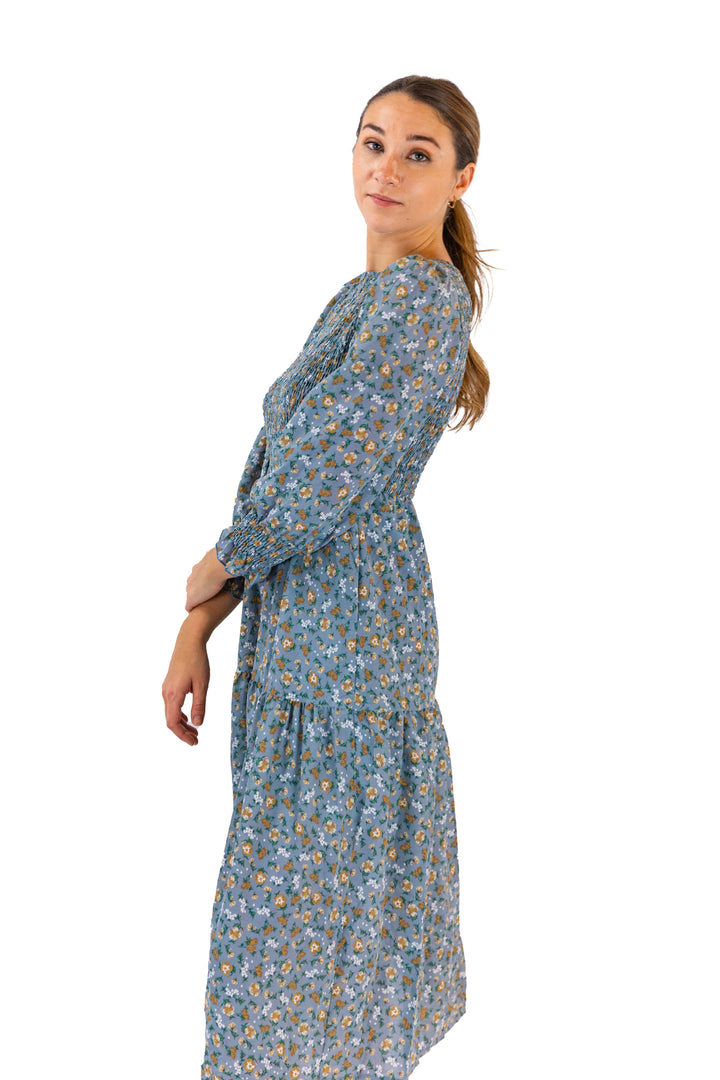 Garden Blue Floral Midi Dress With Three-quarter Sleeves