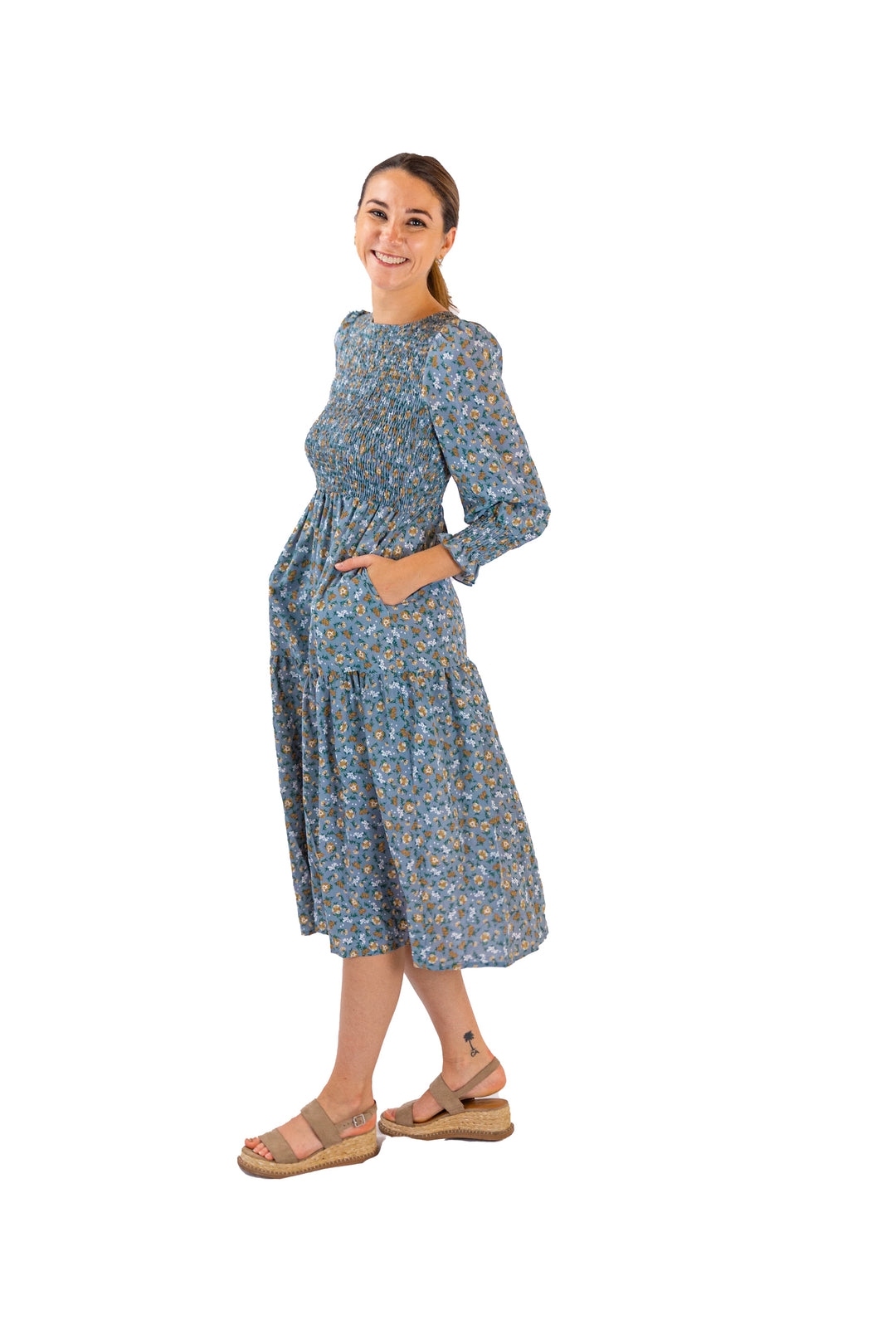 Enchanted Garden Blue Floral Midi Dress with Three-Quarter Sleeves