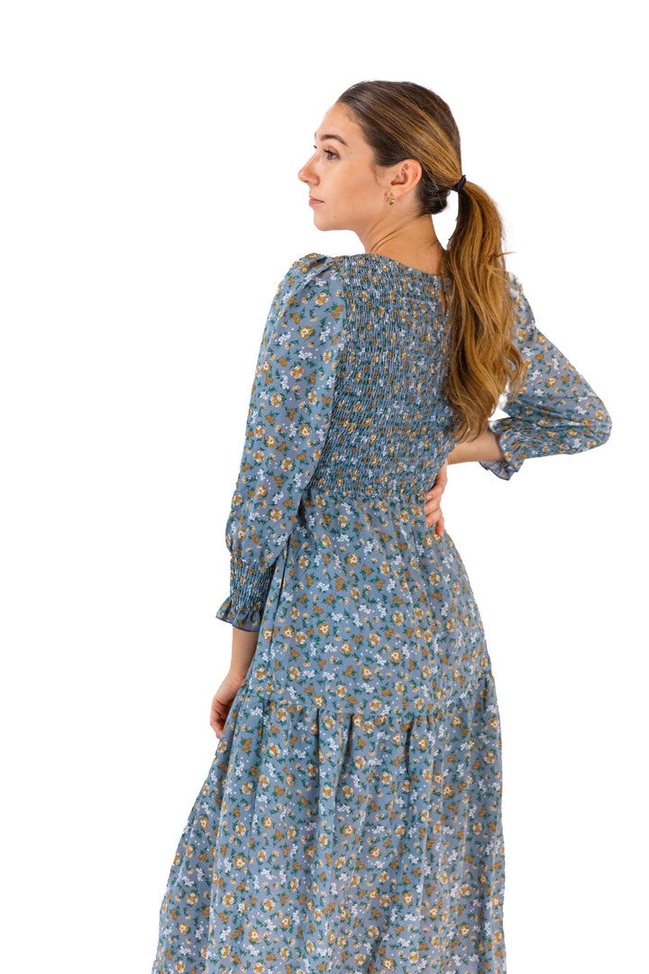 Garden Blue Floral Midi Dress With Three-quarter Sleeves