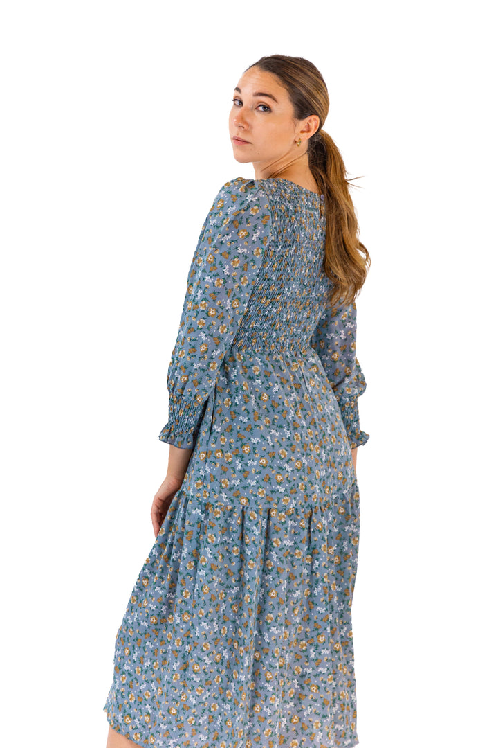 Garden Blue Floral Midi Dress With Three-quarter Sleeves