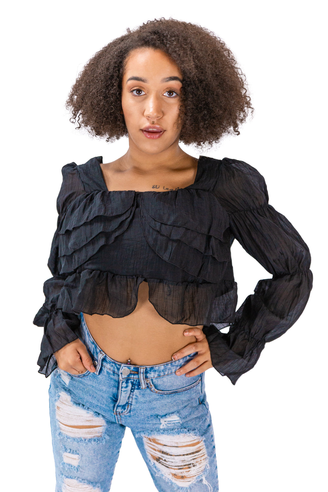 Fabonics Elegant Noir Ruffle Blouse in Black with Puffed Sleeves