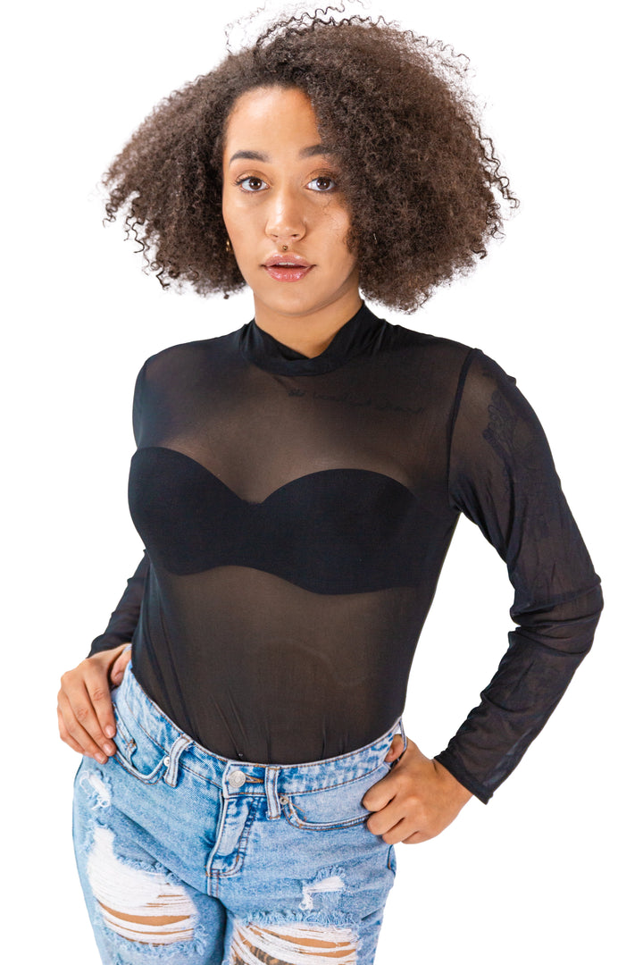 Fabonics Sheer Elegance Black Mesh Top with High Neckline and Mesh Overlay