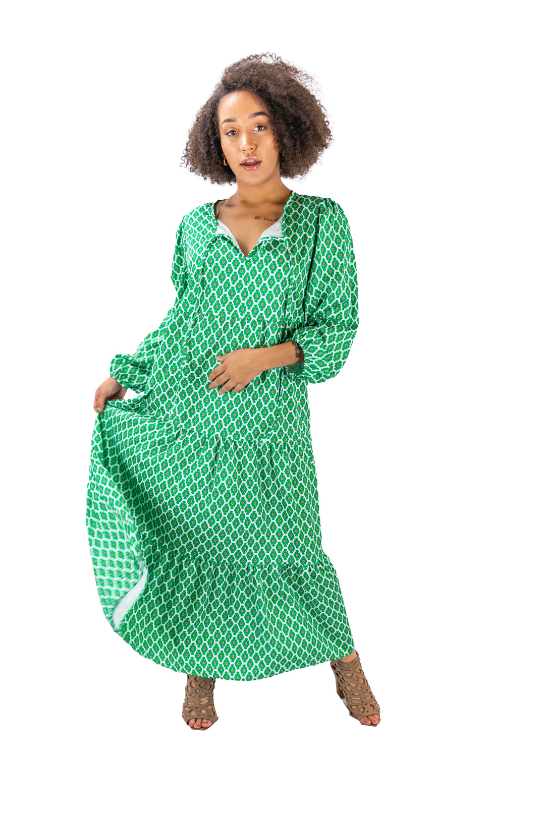 Fabonics Emerald Enchantment Boho Midi Dress in Geometric Green Pattern
