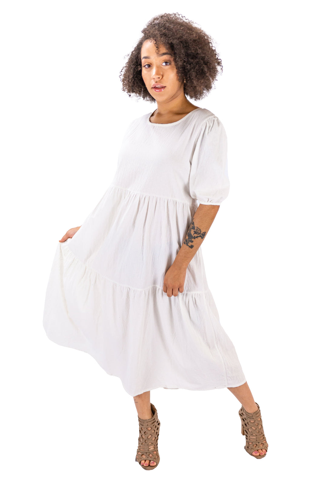 Fabonics Elegant Simplicity White Midi Dress with Tiered Design for Versatile Style
