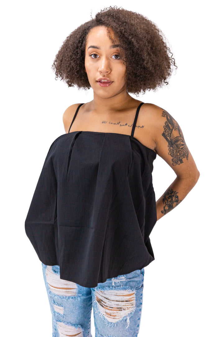 Fabonics Elegant Black Balloon Silhouette Spaghetti Top in Lightweight, Flowy Fabric