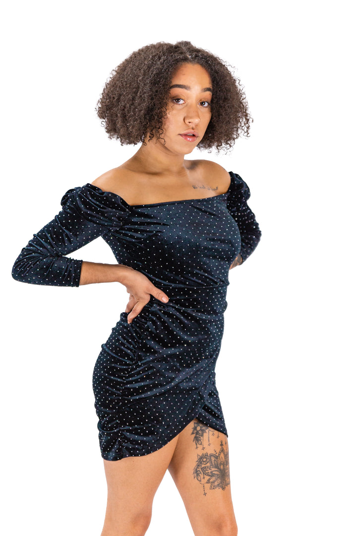 Velvet Off-shoulder Long Sleeve Black Polka Dot Dress